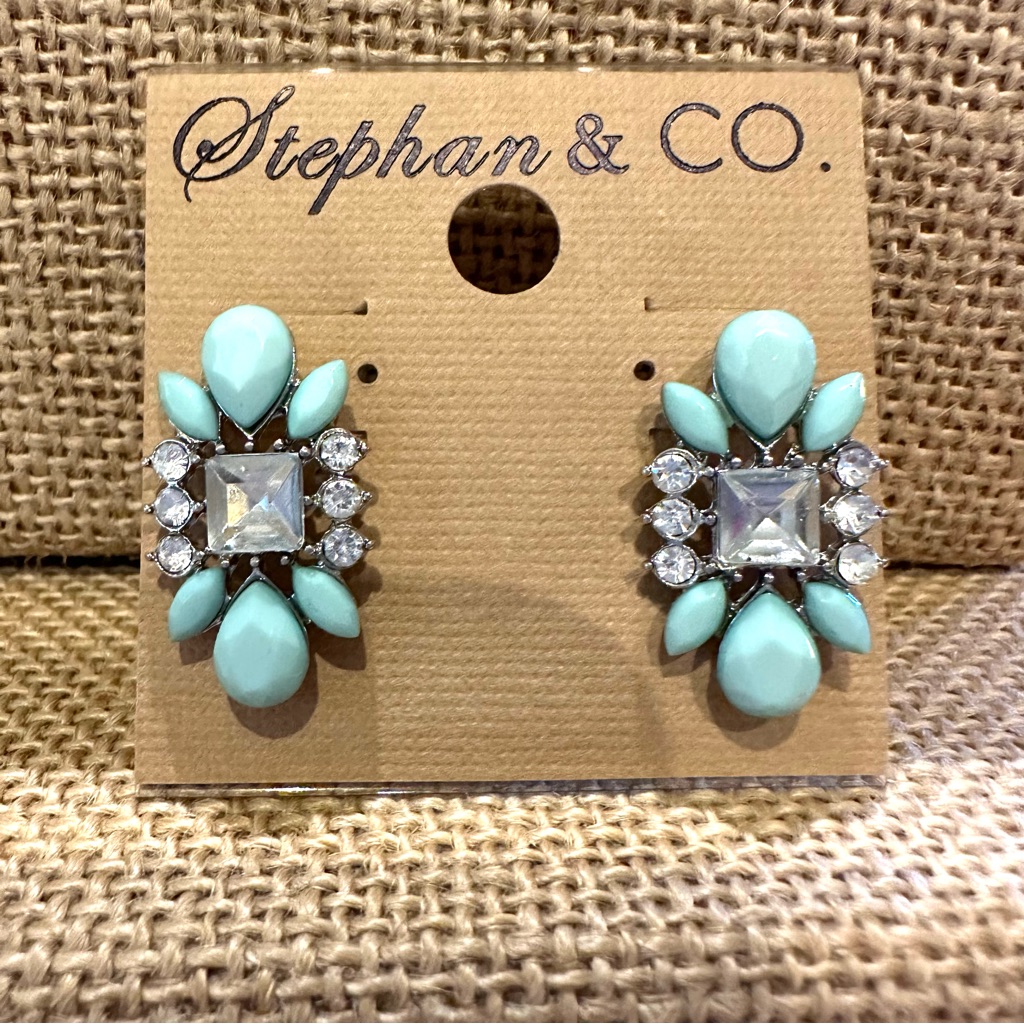 Nwt Stephan & Co. Earrings Silver Tone W/ Mint Green Jewels & Clear Rhinestones